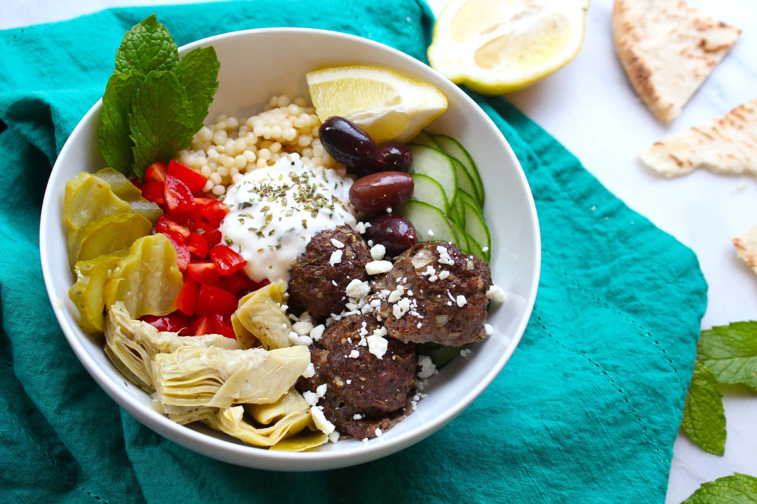 Mediterranean Glow Bowl with Morrocan Spiced Meatballs