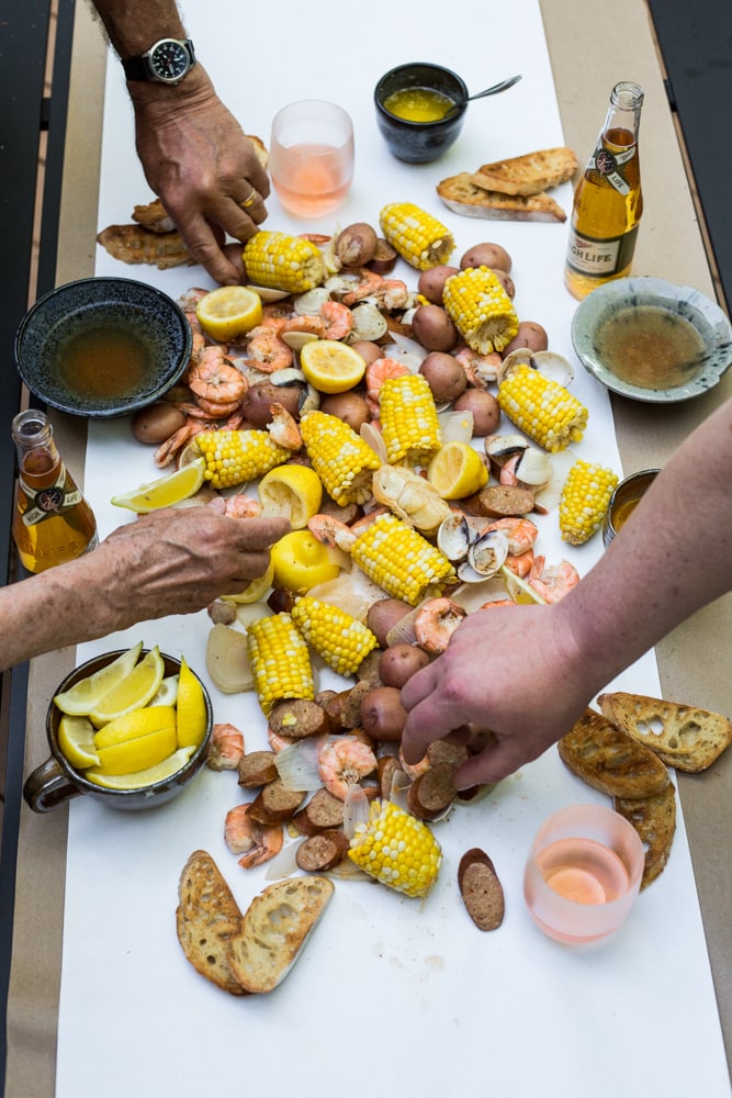 A table covered with shrimp boil