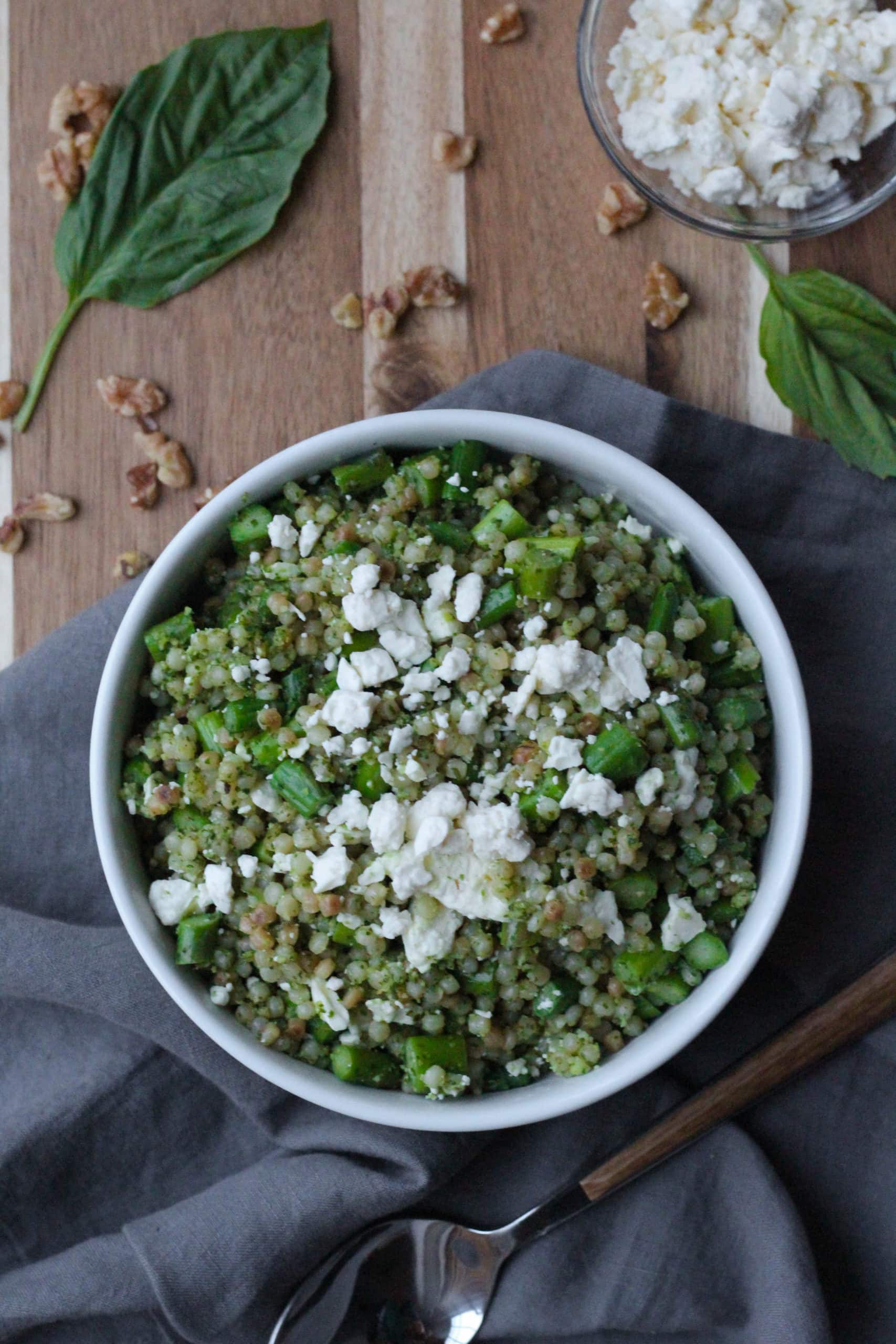A bowl of Israeli Cous Cous with Arugula Pesto