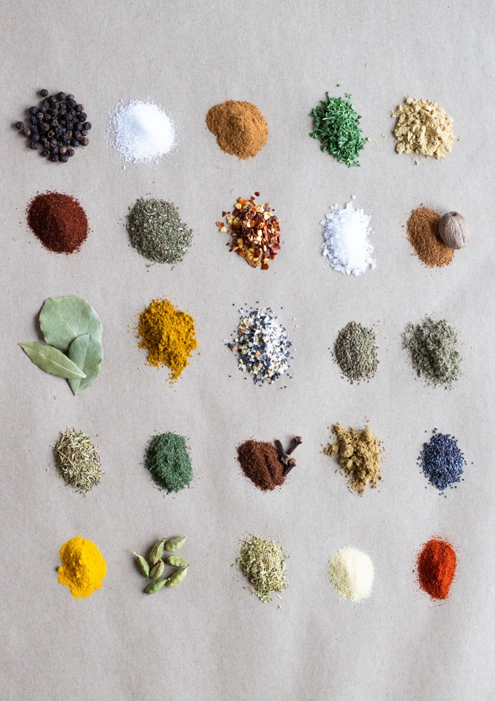 Small piles of spices on brown craft paper