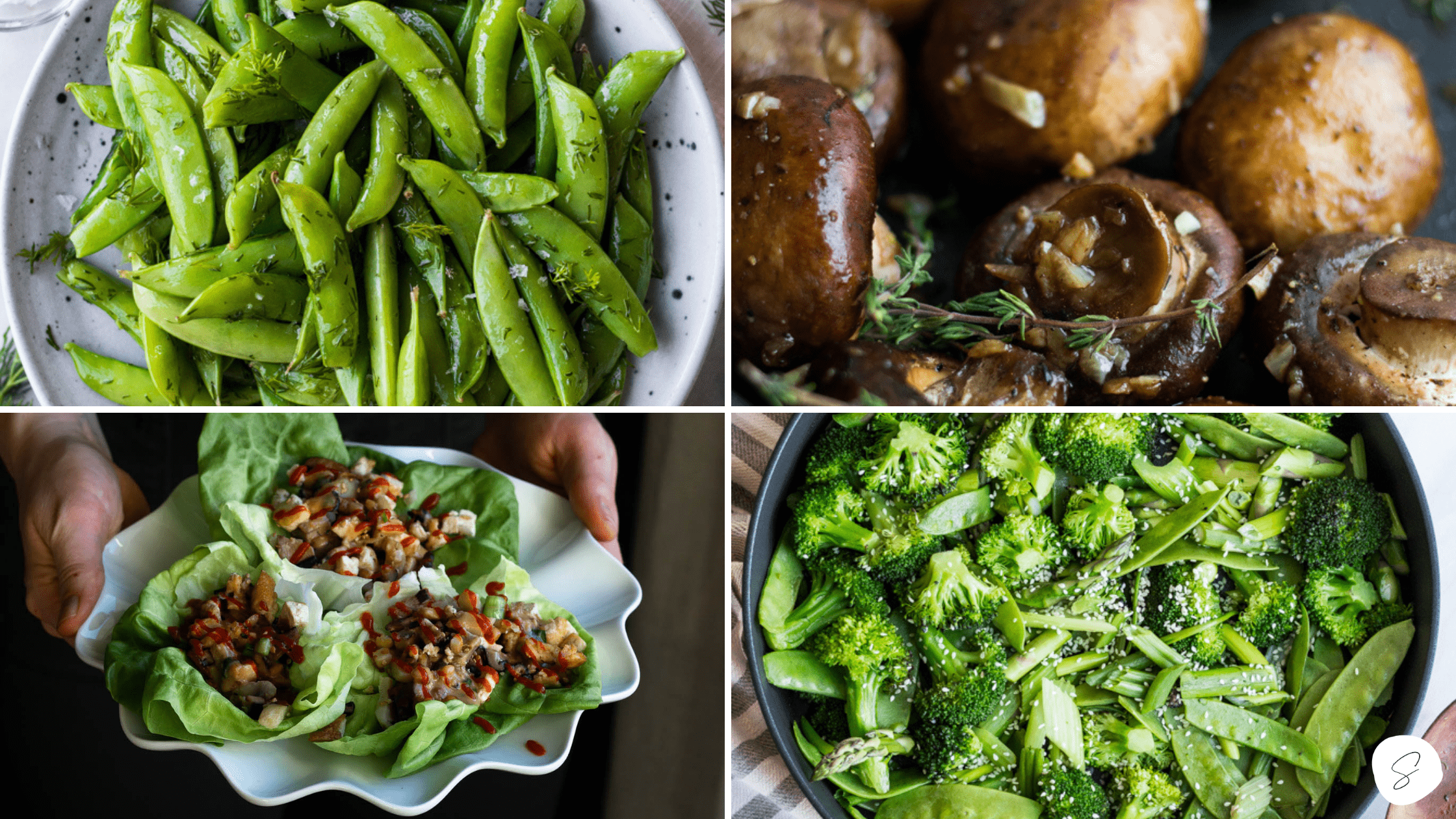 Four images of stir-fried and sautéed vegetables