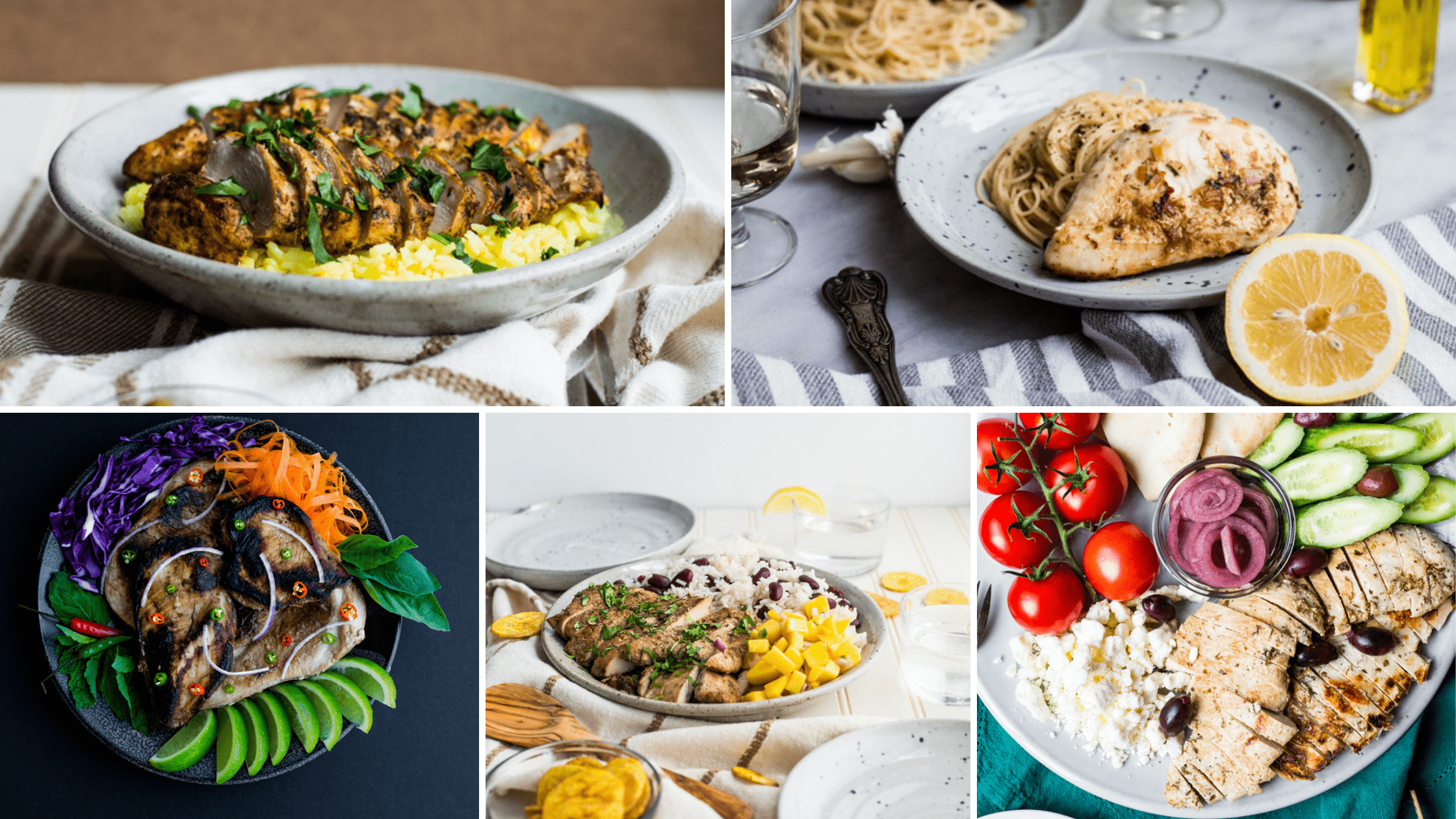 A collage of images of marinated chicken recipes