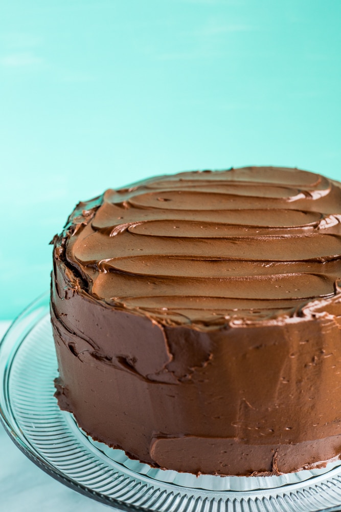 A frosted chocolate cake against an aqua background