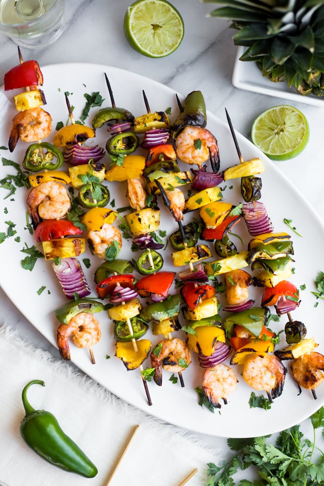 A platter of Spicy Grilled Shrimp Skewers with Pineapple