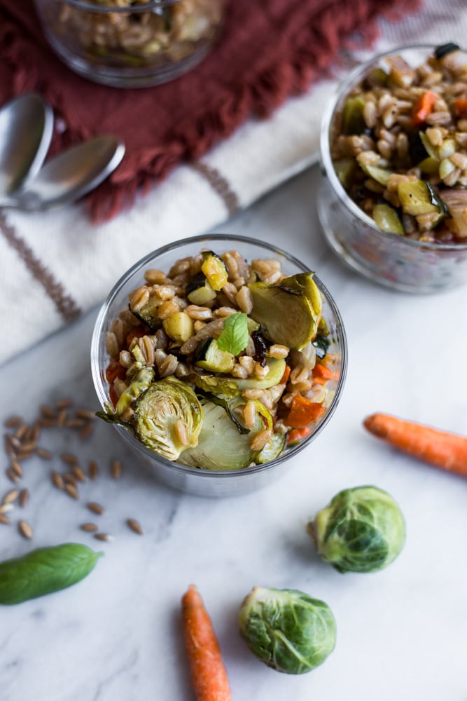 A bowl of farro with roasted vegetables
