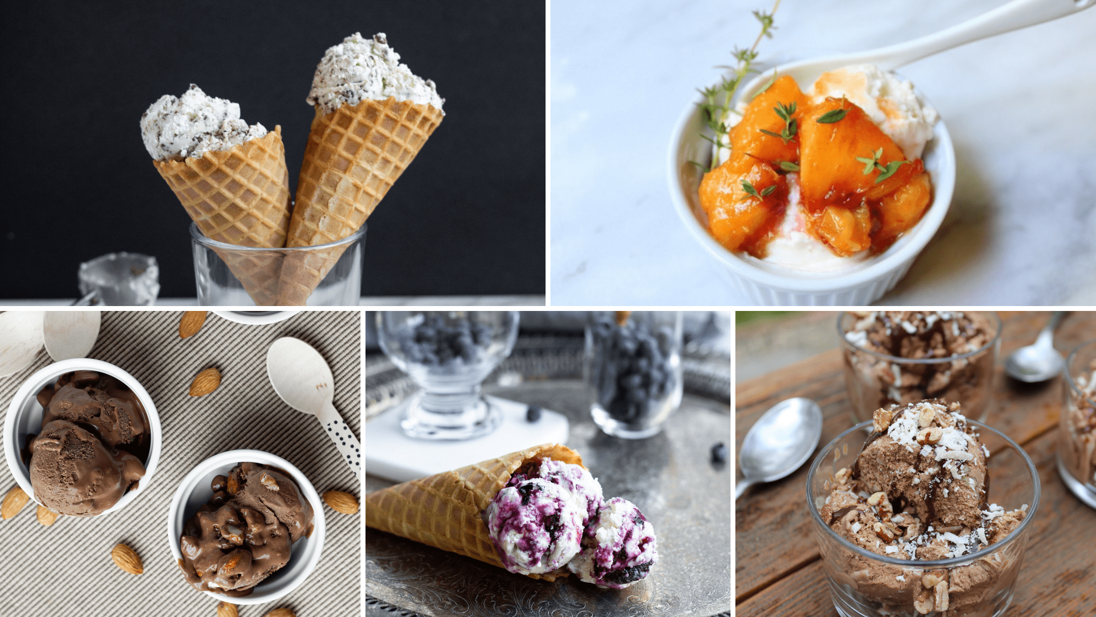A collection of image of ice cream in cones and bowls