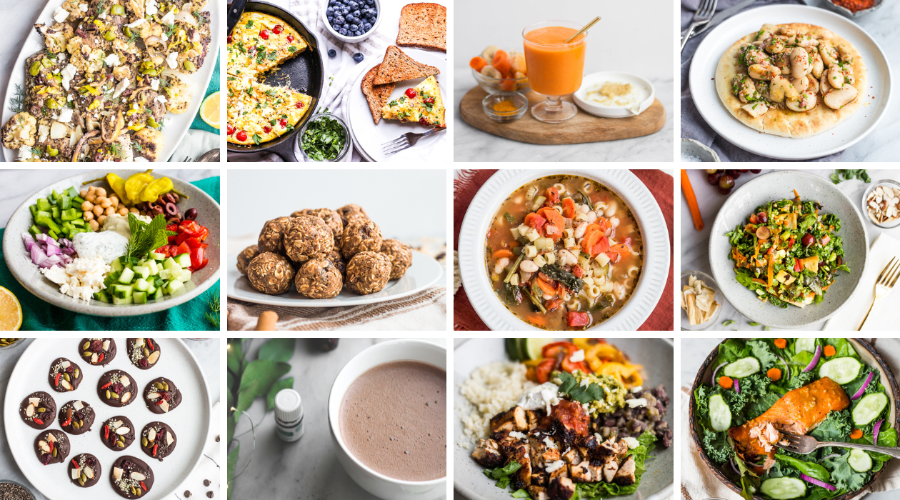 A collection of 12 images of healthy recipes in a grid