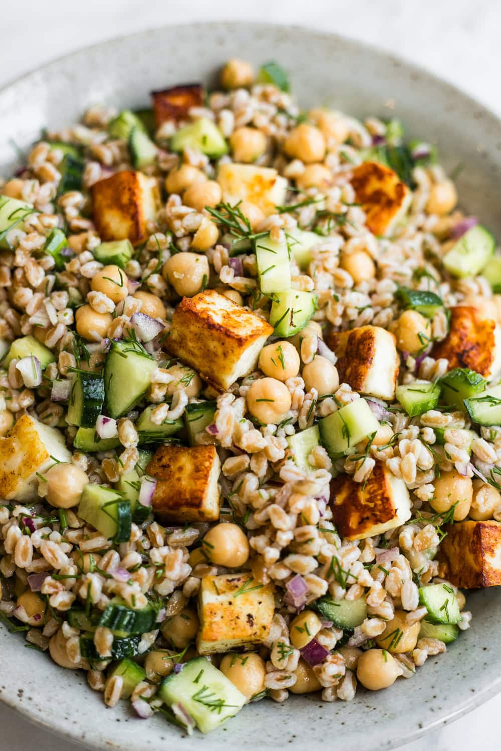Golden grilled halloumi cheese cubes sit atop a farro salad